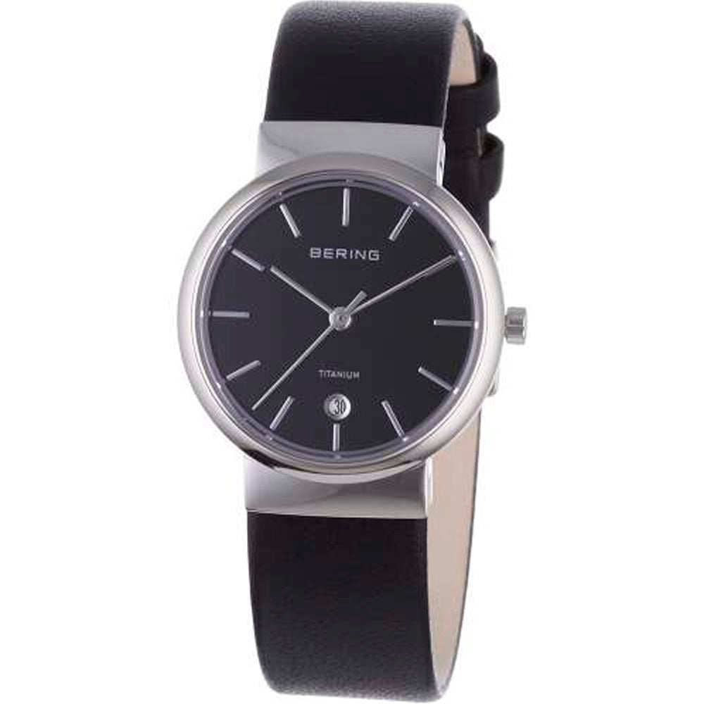 Bering Time Titanium Silver Case and Black Leather Strap Women Watch. 11029-402