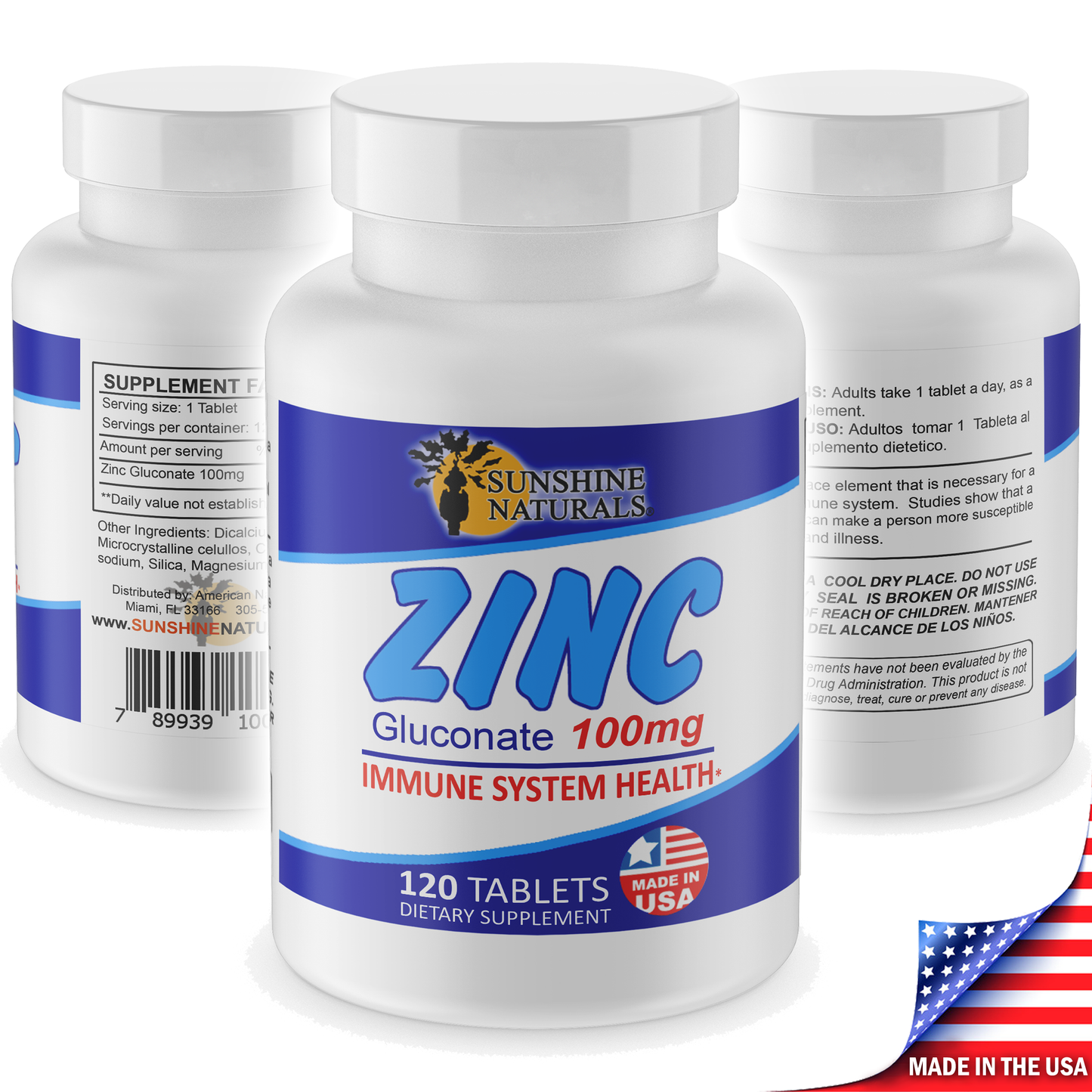 Sunshine Naturals Zinc Gluconate. Strong Immune System Booster. 100 mg. 120 Tabs