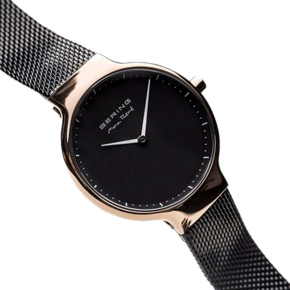 Bering Time Max René Collection Black Milanese Bands and Rosegold Stainless Steel Case Minimalist Women's Watch 15531-262