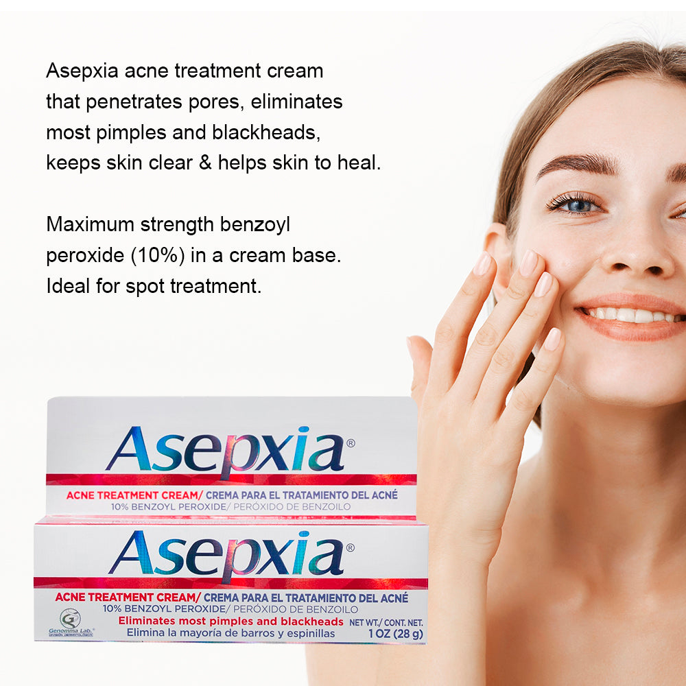 Asepxia Acne Treatment Cream. Removes Spots & Blemishes. Benzoyl Peroxide. 1 oz