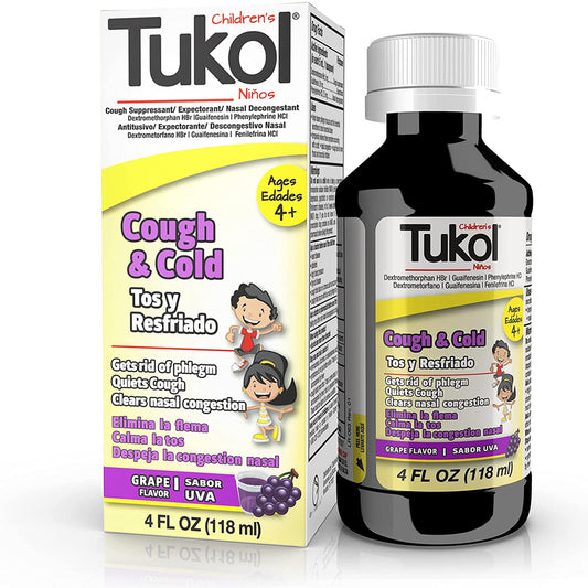 TUKOL Children's Multisymptons Cough & Cold Syrup, Cough Suppresant, Expectorant and Nasal Descongestant, Grape Flavor, 4 Fluid Ounces