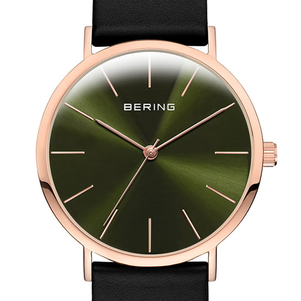 Bering Time Classic Rose Gold Steel Case and Green Dial Women's Watch. 13436-469