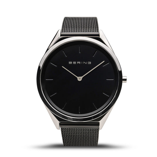 Bering Time Ultra Slim Brushed Silver Steel & Black Dial Unisex Watch. 17039-102