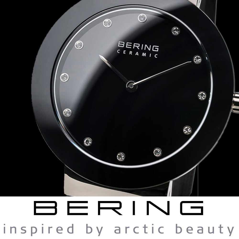 Bering Time Ceramic Polished Silver Stainless Steel Black Women Watch. 11435-102