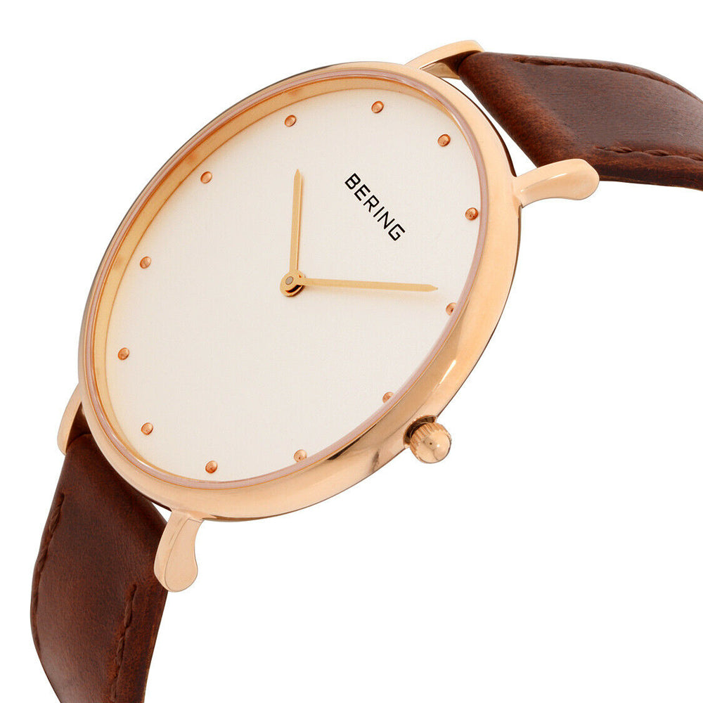 Bering Time Classic Rose Gold Steel & Brown Leather Strap Women Watch. 14839-564