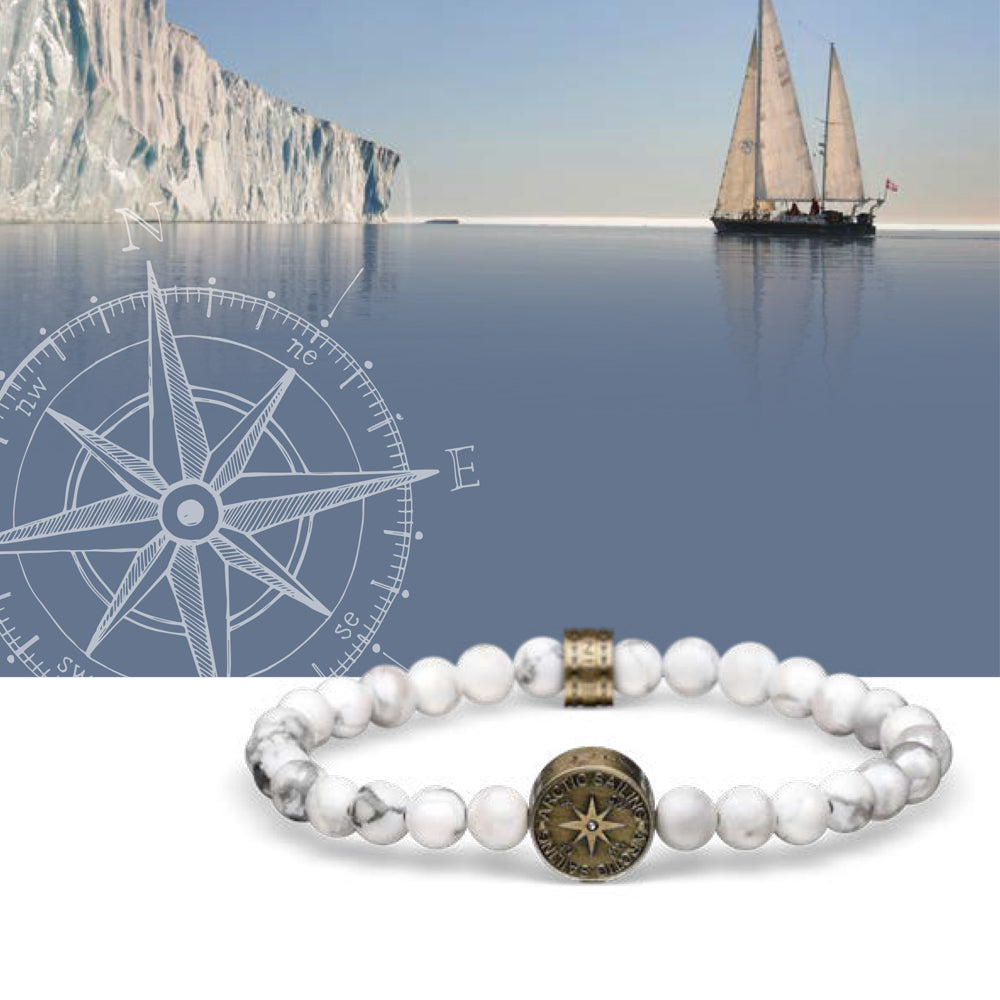 Bering Arctic Symphony Collection Brass Arctic Sailing Link Bracelet with White Pine Beads. 632-52-220