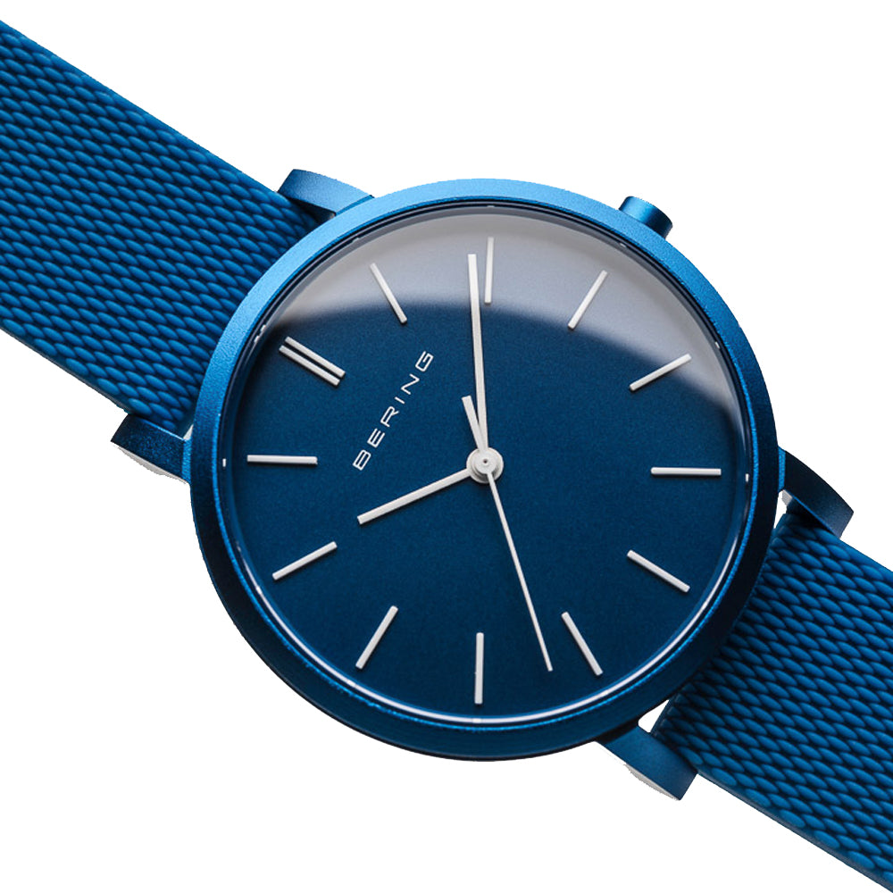 Bering Time True Aurora Collection Mat Blue Aluminium Case with Blue Silicone Mesh Strap and Blue Dial Women's Watch. 16934-799.