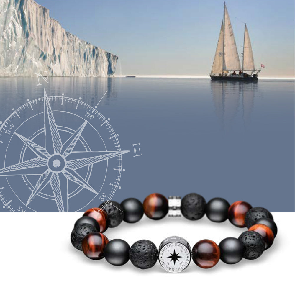 Bering Arctic Symphony Collection Ceramic Steel Actic Sailing Link Bracelet with Red Tiger Eye, Lava and Sandblast Beads. 631-641-200