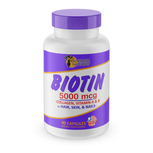 Sunshine Naturals Biotin Supplement. For Hair, Skin and Nails. 5000 mcg. 90 Caps