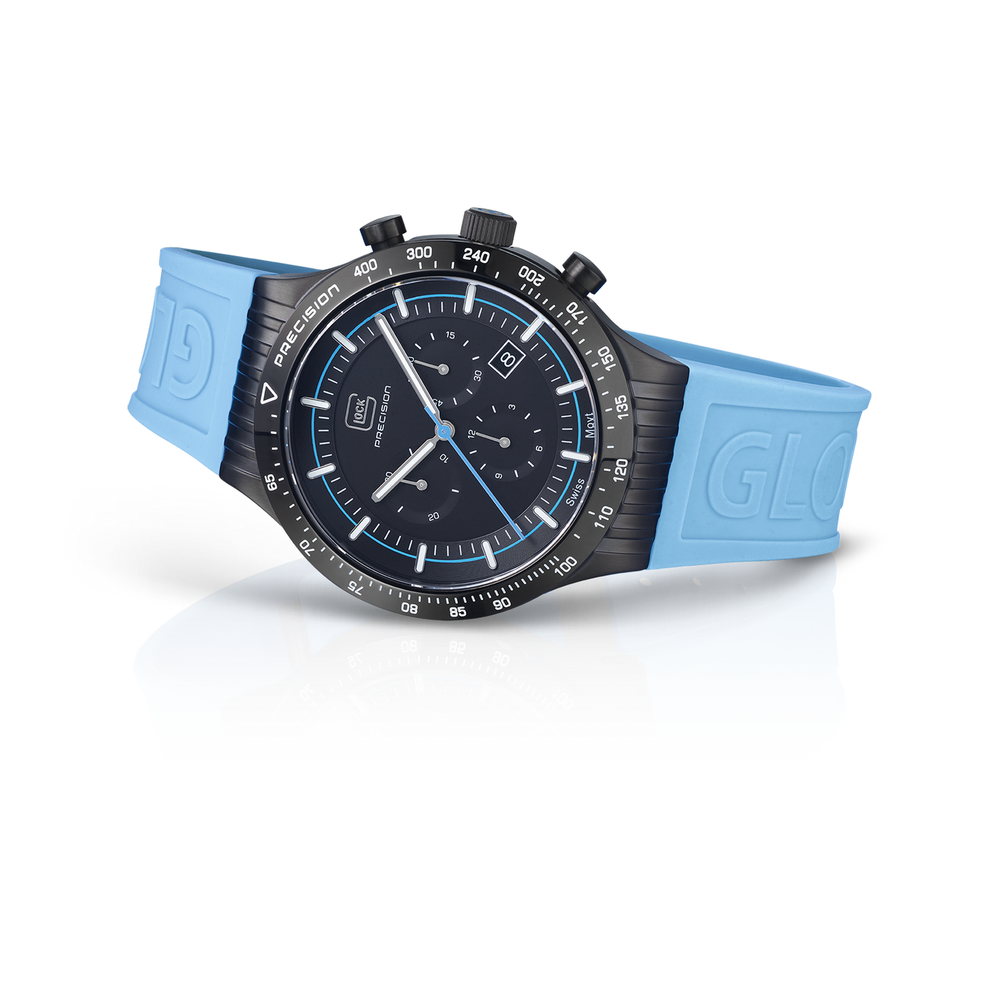 Glock Precision Watch. Black Steel Case / Blue Silicone Strap 34-2-24