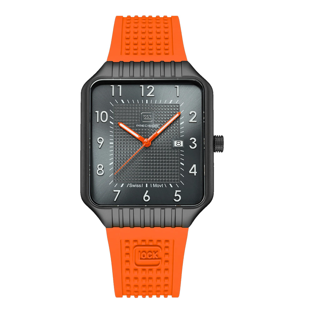 Glock Precision Watch. Black Steel Case / Orange Silicone Strap 2-1-24