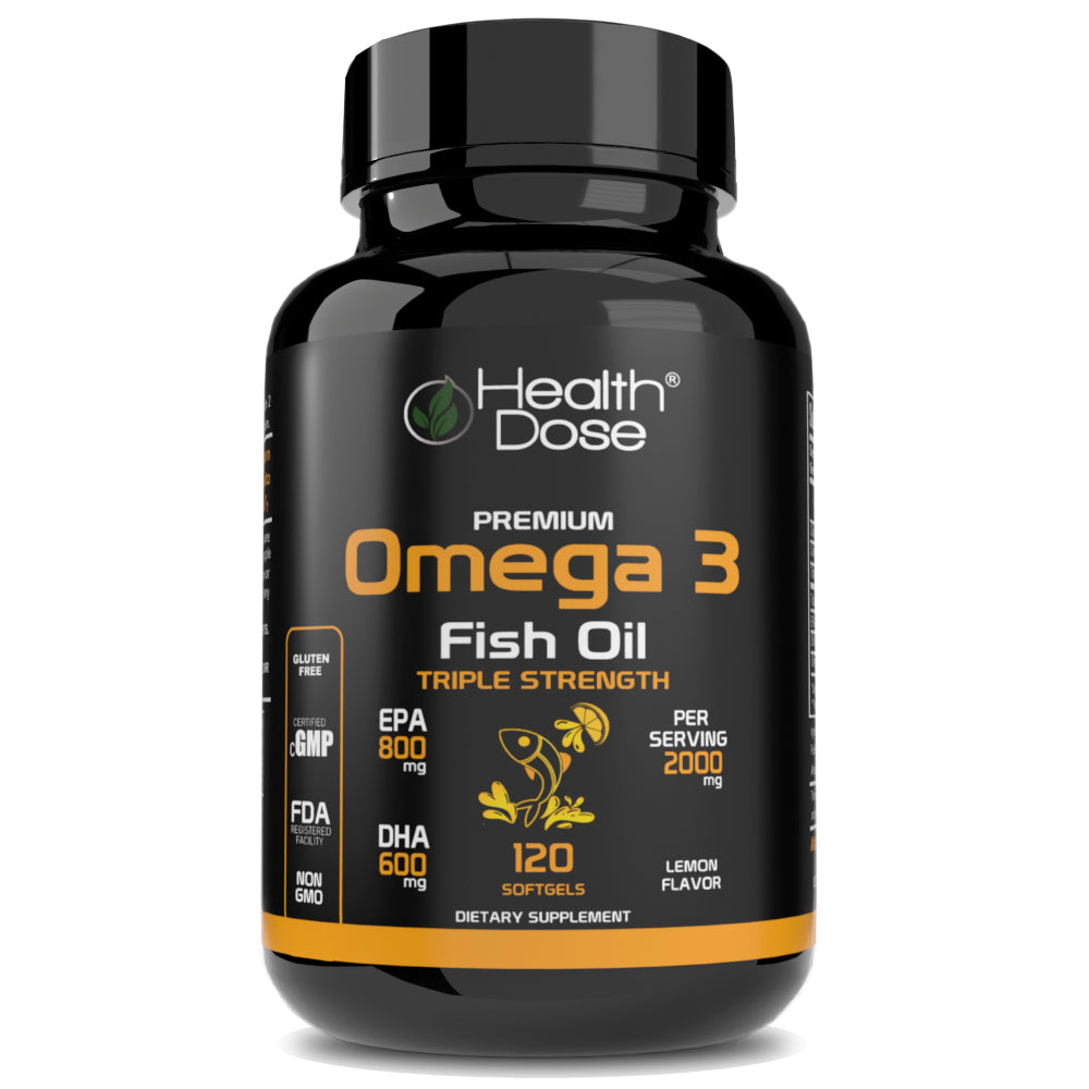 HealthDose Premium Omega 3 Fish Oil. Triple Strength. Lemon Flavor. 120 Softgel