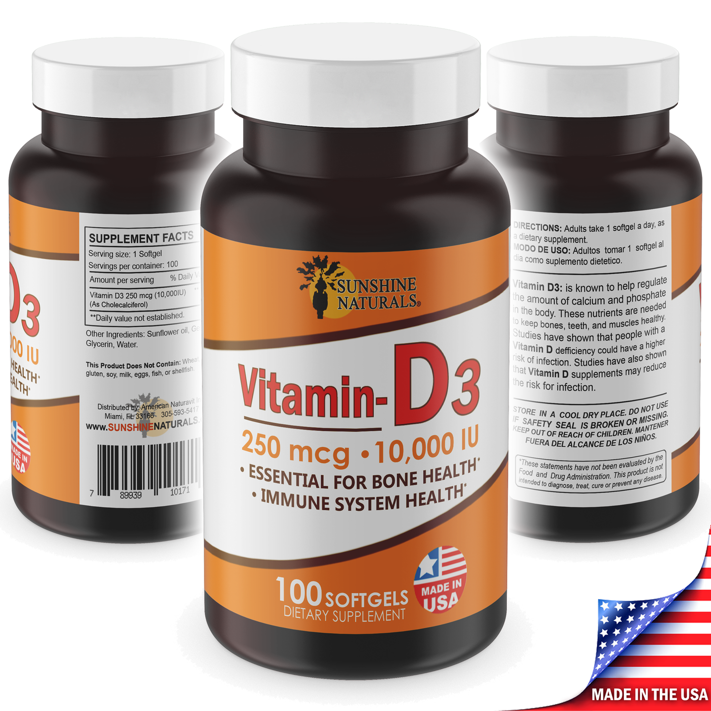 Sunshine Naturals Vitamin D3 Dietary Supplement. High Strength. 250mcg. 100 Gels