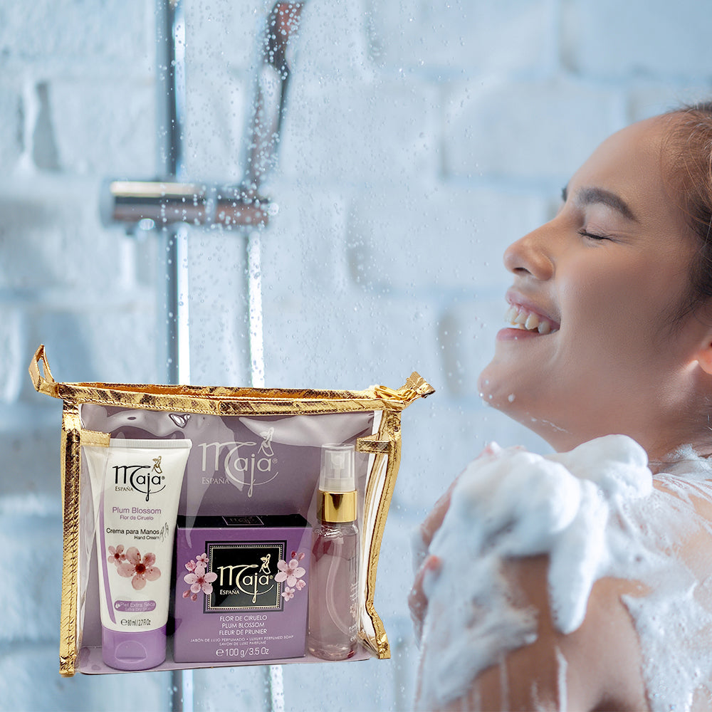 Maja Gift Set. Plum Blossom Body Mist, Hand Cream and Luxury Soap. Fresh Scent