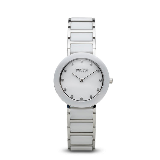 Bering Time Ceramic Collection Polished Stainless Steel Case & Strap with Ceramic Links, White Dial and Swarovski Elements Women's Watch 11429-754