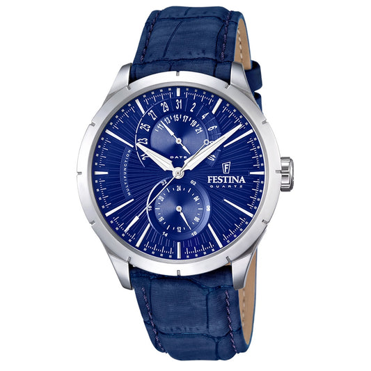 Festina Stainless Steel Case, Blue Leather Strap, Blue Dial Mens Watch. F16573-7
