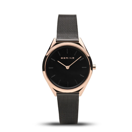 Bering Time Ultra Slim Rose Gold Steel and Black Dial Unisex Watch. 17031-166