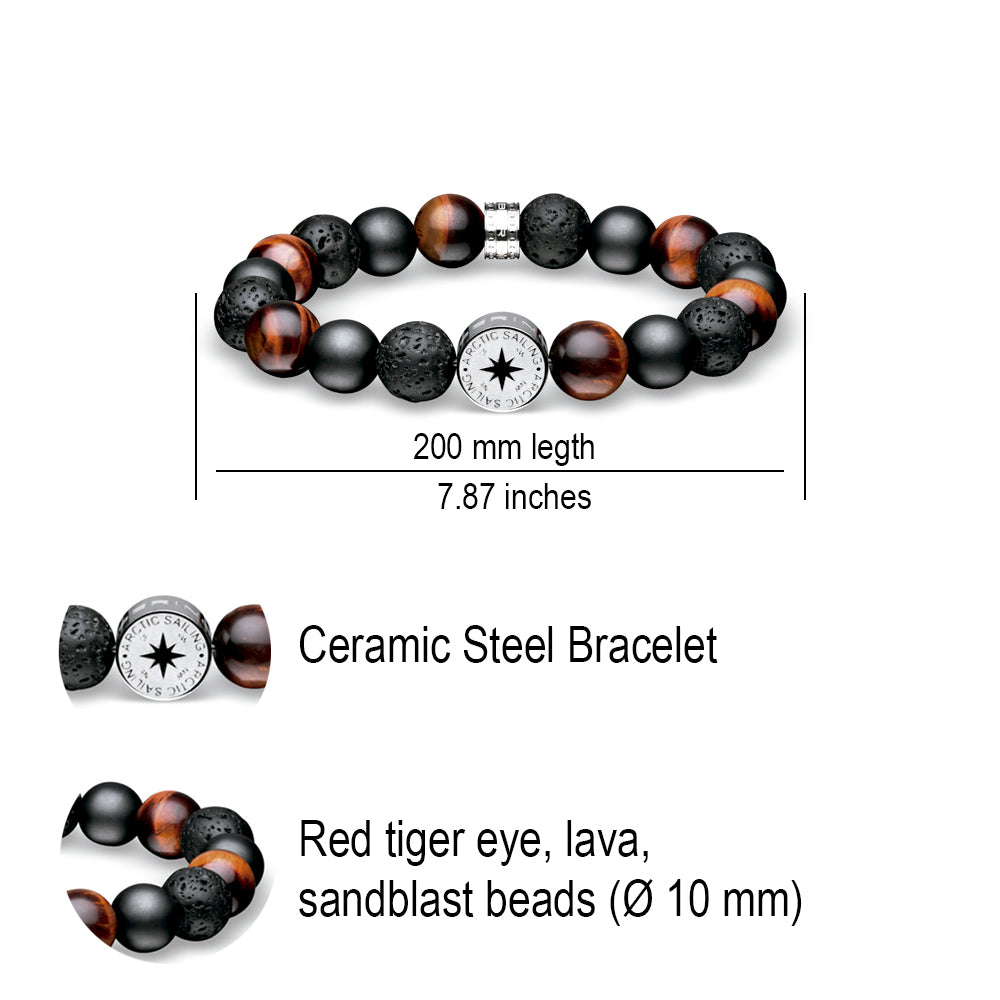 Bering Arctic Symphony Collection Ceramic Steel Actic Sailing Link Bracelet with Red Tiger Eye, Lava and Sandblast Beads. 631-641-200