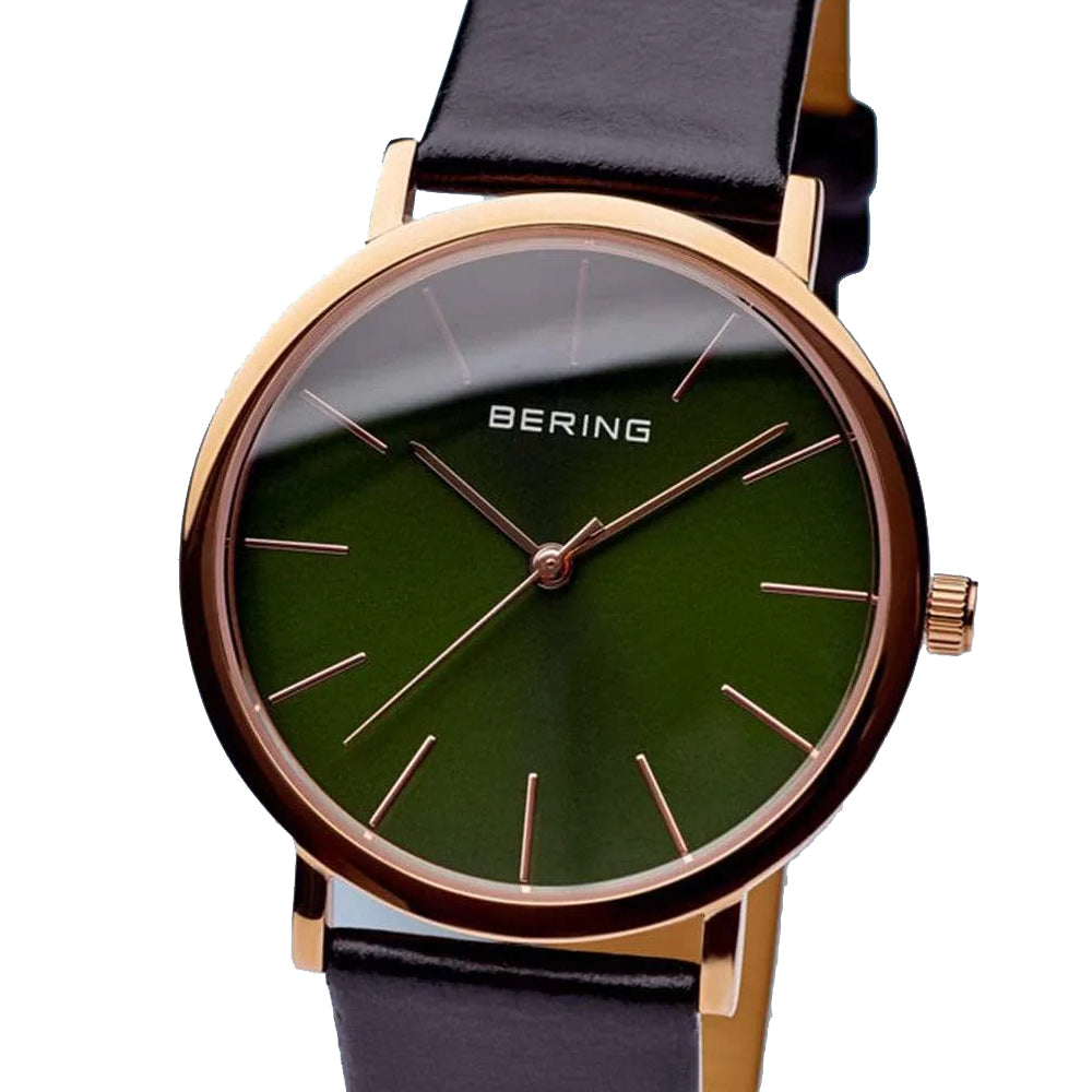 Bering Time Classic Rose Gold Steel Case and Green Dial Women's Watch. 13436-469