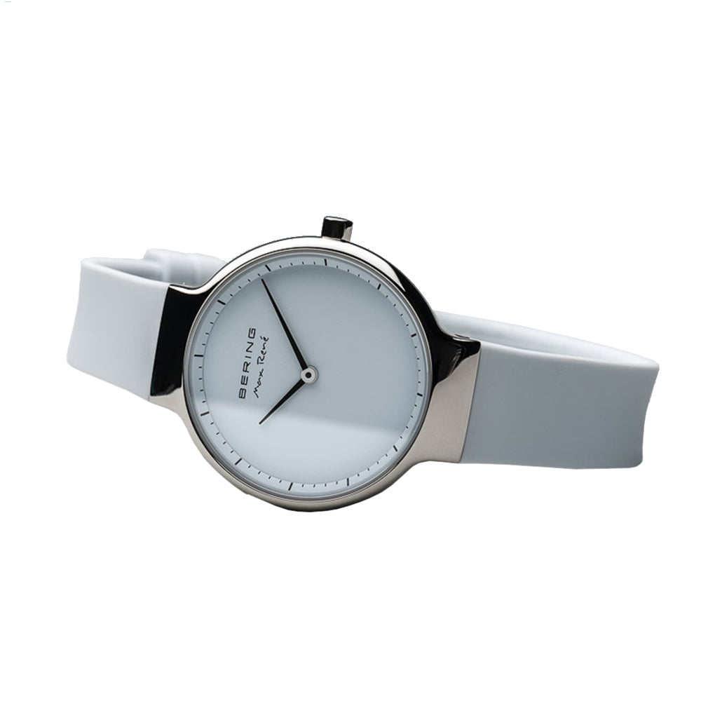 Bering Time Max René Polished Silver Stainless Steel Case with White Silicone Strap and White Dial Women's Watch - 15531-904