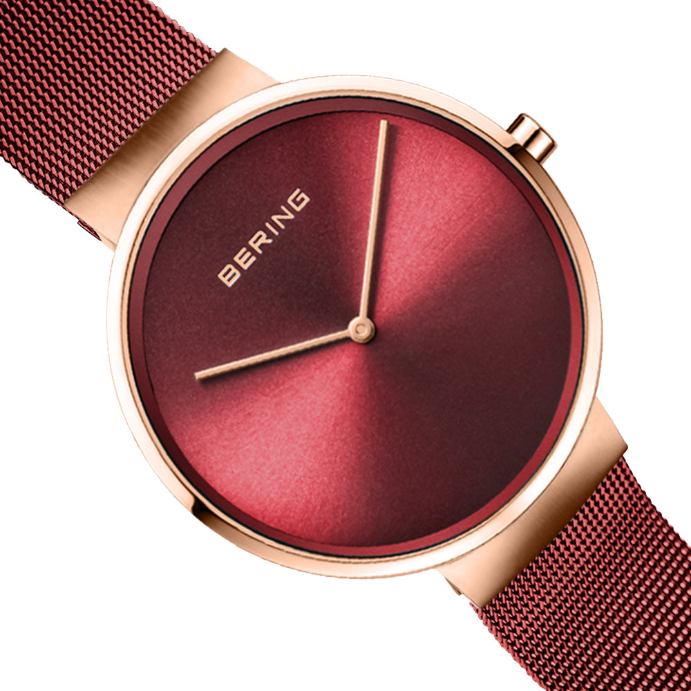 Bering Time Classic Collection Polished Rose Gold Stainless Steel Case with Red Milanese Strap and Red Dial Ladies Watch. 14539-363