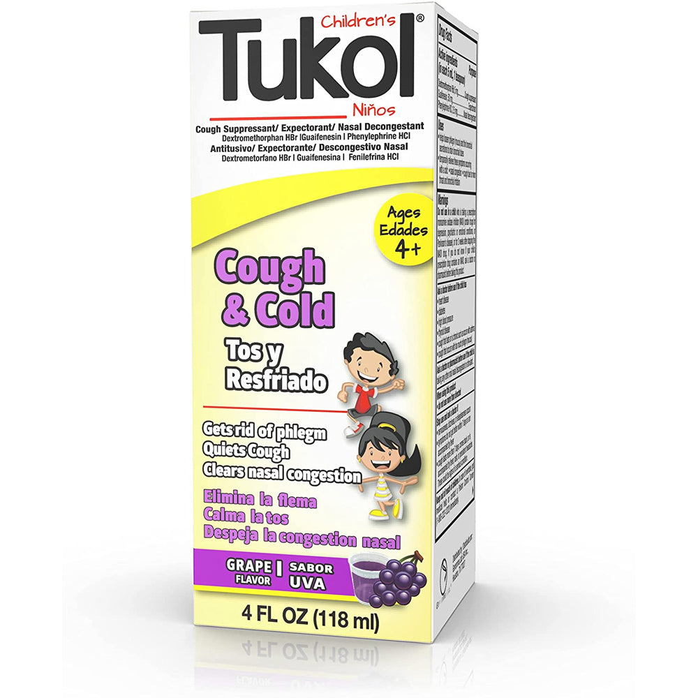 TUKOL Children's Multisymptons Cough & Cold Syrup, Cough Suppresant, Expectorant and Nasal Descongestant, Grape Flavor, 4 Fluid Ounces