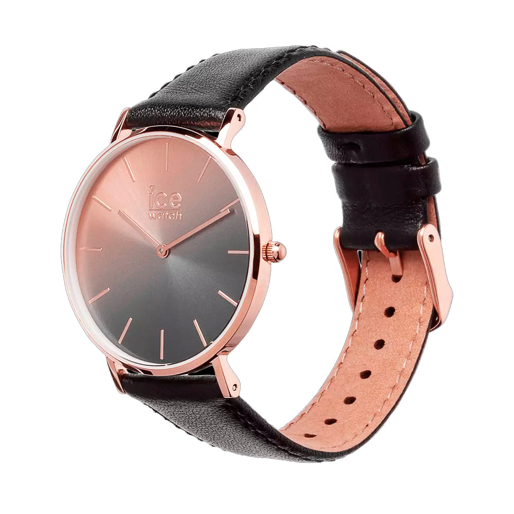 ICE Rose Gold Stainless Steel Case and Black Leather Strap Women's Watch. 015752