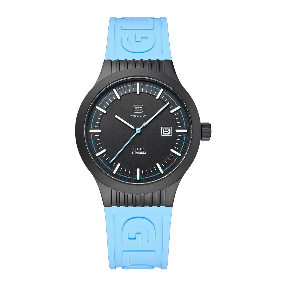 Glock Precision Watch. Black Titanium Case / Blue Silicone Strap 6-1-22