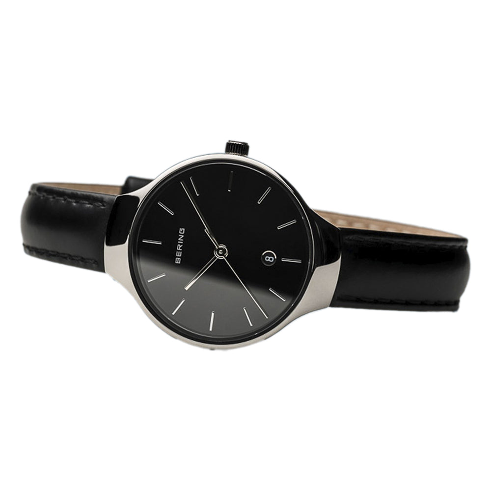 Bering Time Classic Silver Steel & Black Leather Strap Women's Watch. 13328-402