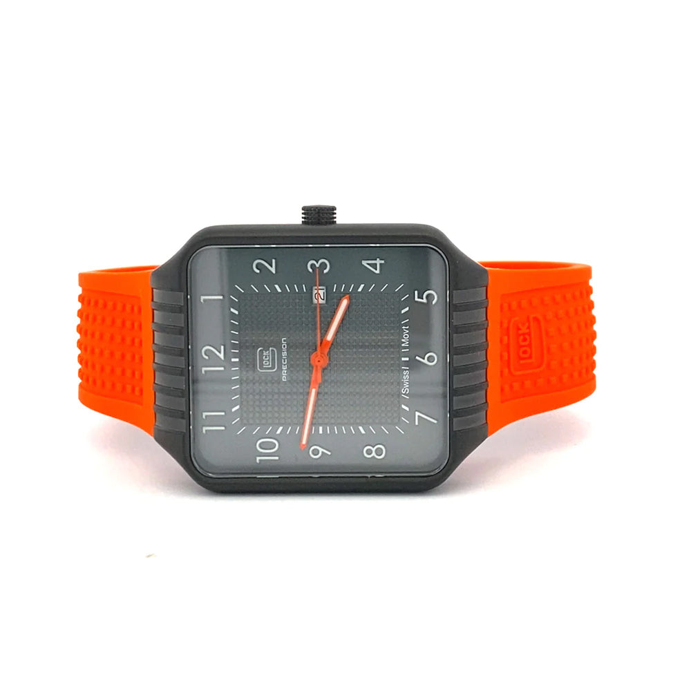 Glock Precision Watch. Black Steel Case / Orange Silicone Strap 2-1-24