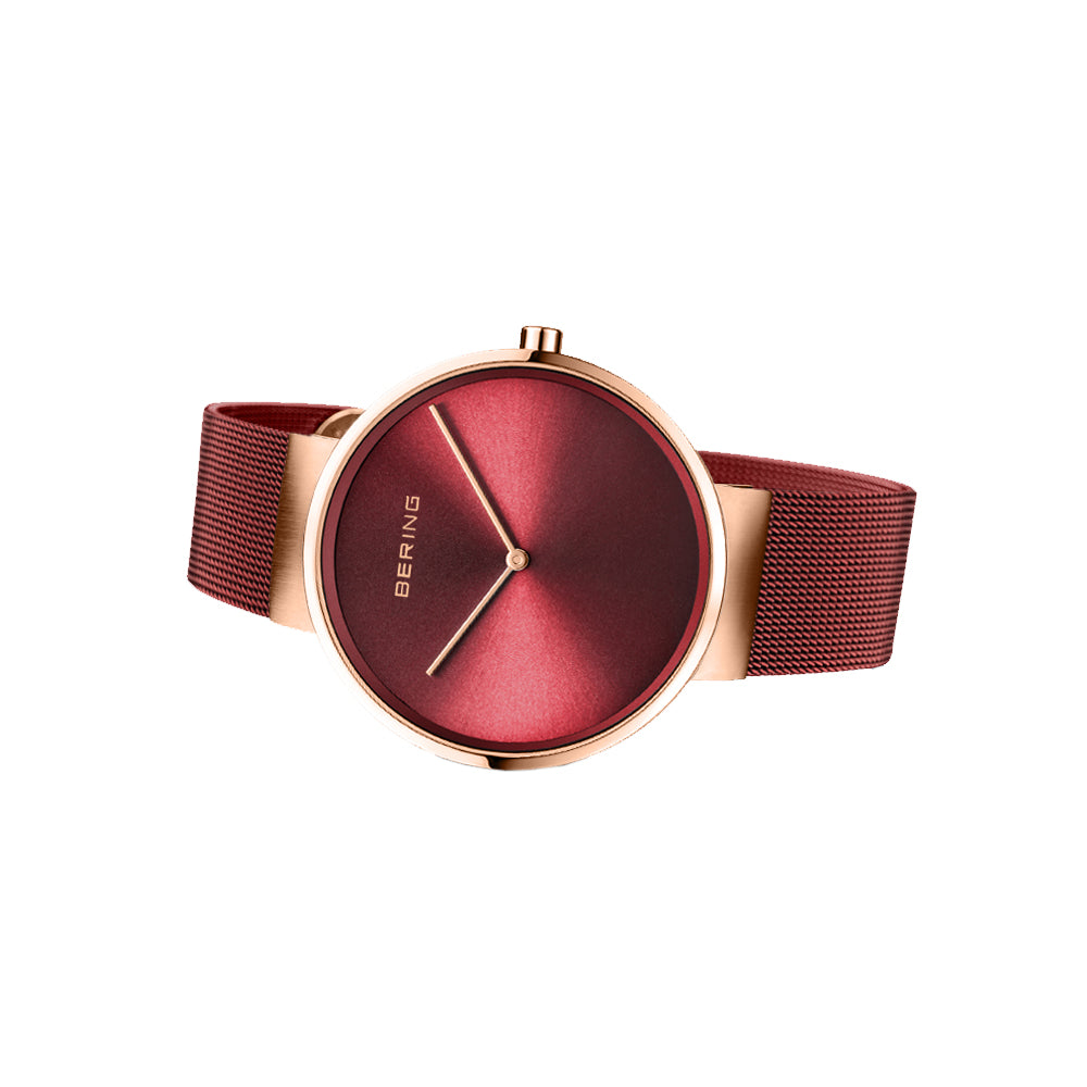 Bering Time Classic Collection Polished Rose Gold Stainless Steel Case with Red Milanese Strap and Red Dial Ladies Watch. 14539-363